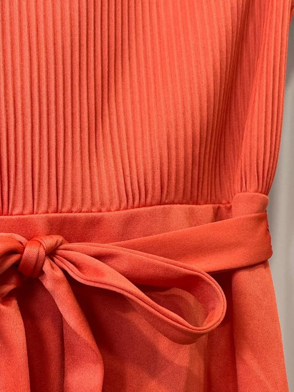 Vintage 70s Kevin Stuart Dress Size 6 Pleated Midi Tie Waist Long Sleeve Orange